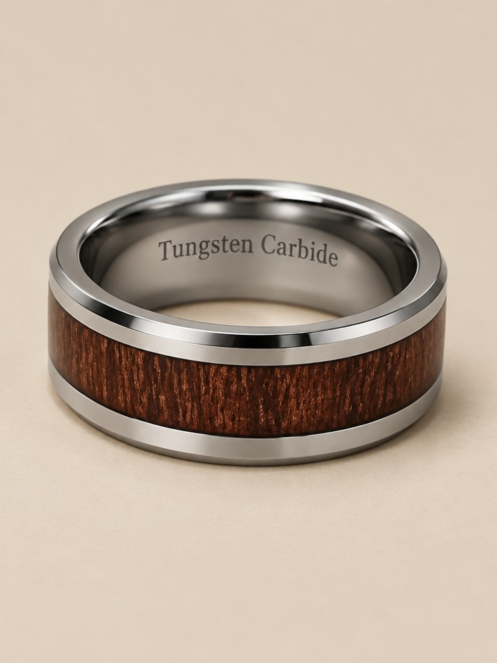Tungsten Carbide Brown Wood Inlay Men's Ring Size 6